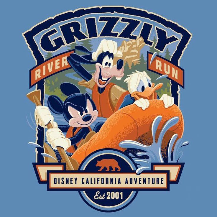 Grizzly River Run theme park ride logo with cartoon characters in orange raft on blue background