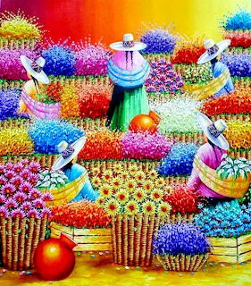 Bright folk art painting showing colorful flower market with figures tending rainbow blooms in woven baskets