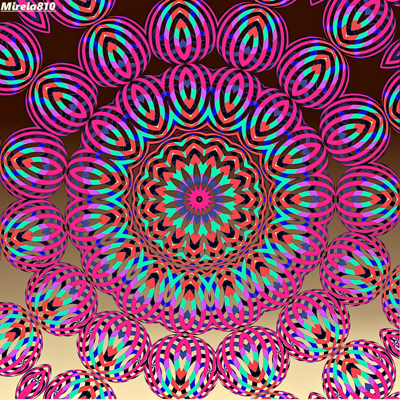 Colorful mandala with concentric rainbow spirals and geometric symmetry on pink background