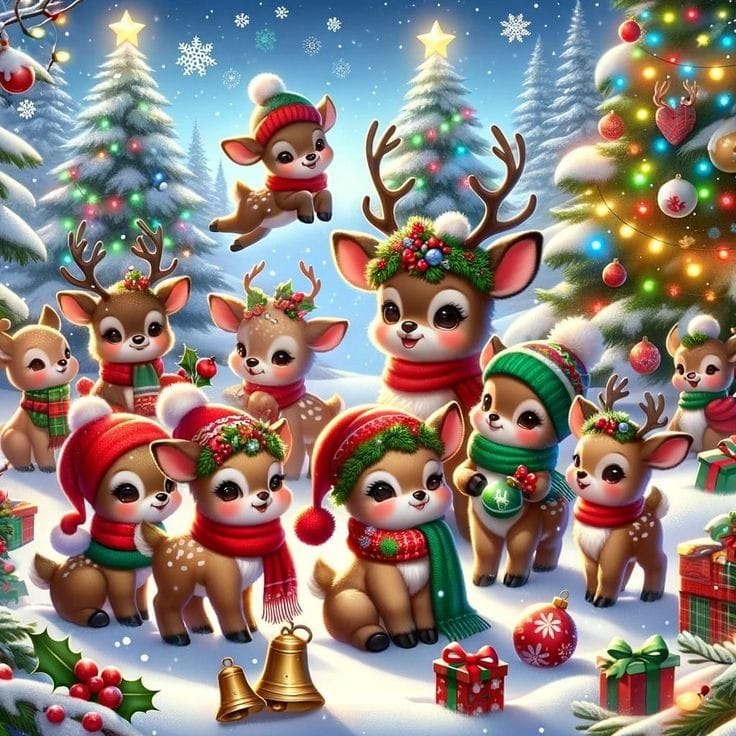 Cute cartoon reindeer in winter clothes among snowy Christmas trees, gifts, and ornaments