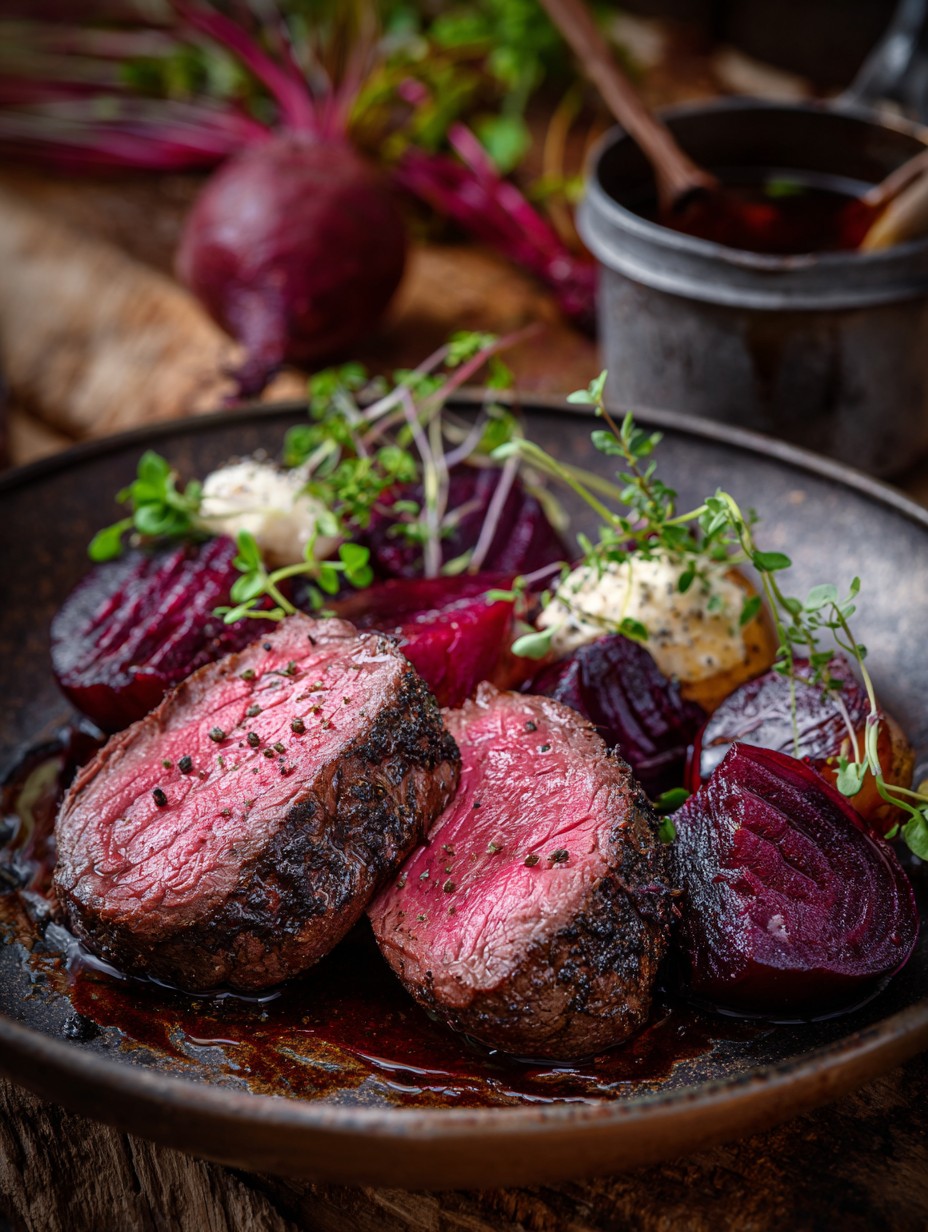Sliced venison with roasted beetroot, herbs, and sauce in a dark bowl