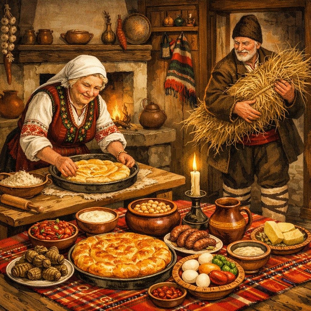 Woman preparing pastry in a rustic kitchen beside a table full of pies, eggs, bread, and nuts