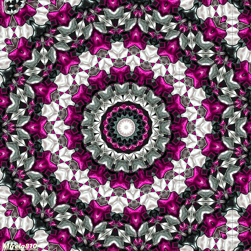 Symmetrical mandala with pink and white floral motifs radiating from a dark center in repeating circular rings