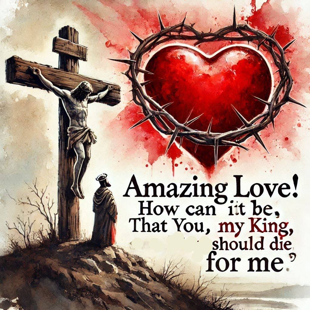 Religious illustration of Jesus on the cross beside a red heart with a crown of thorns and a Christian quote