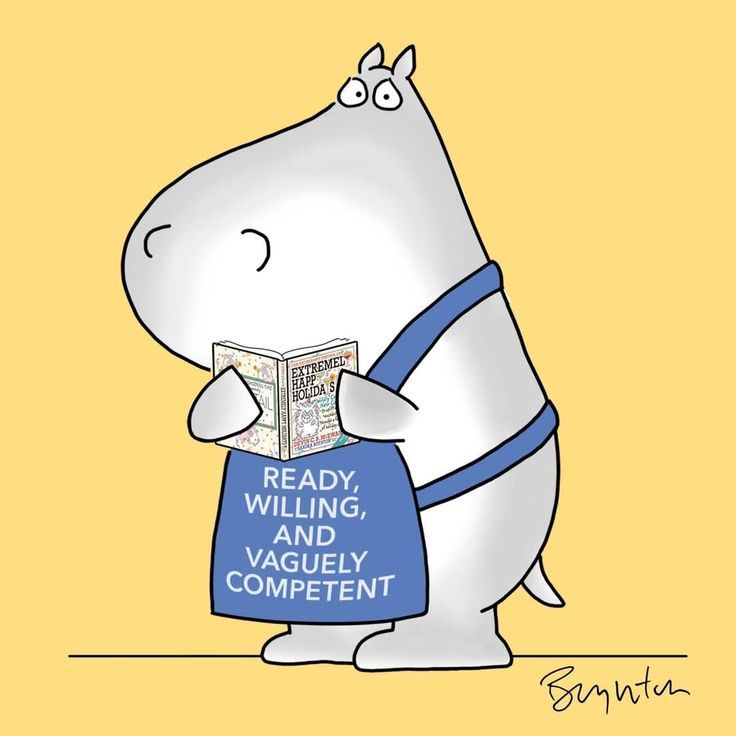 Cartoon hippo in a blue apron reading a recipe card on a yellow background