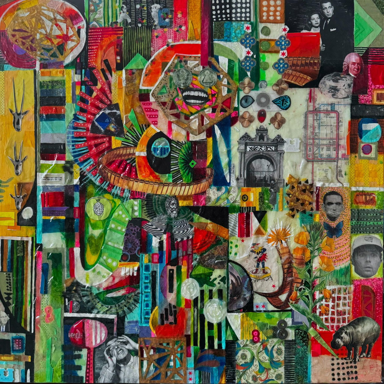 Colorful abstract collage with geometric patterns, faces, textures, and diverse shapes arranged in chaotic layers