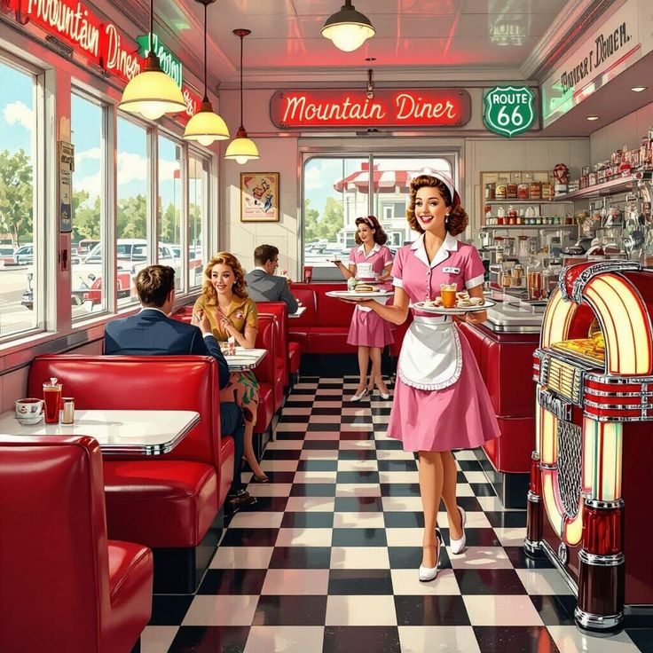 Retro diner scene with waitresses carrying trays, red booths, and a jukebox