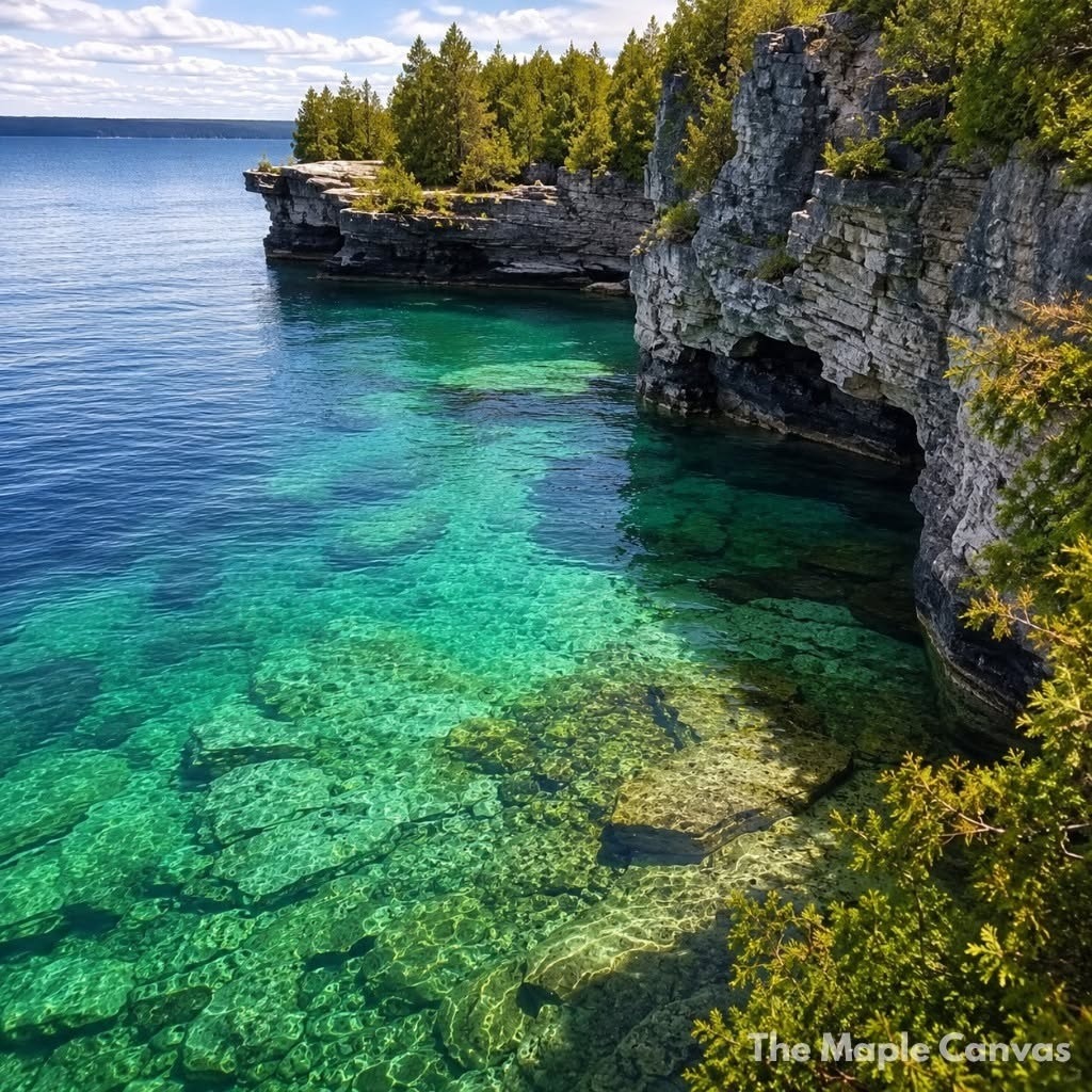 Clear turquoise water cove surrounded by limestone cliffs and forest at Bruce Peninsula Ontario