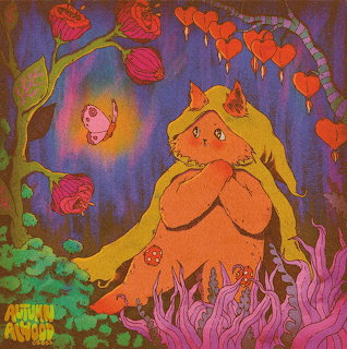 Colorful illustration of an orange cat girl with golden hair in a fantasy garden with roses and hearts