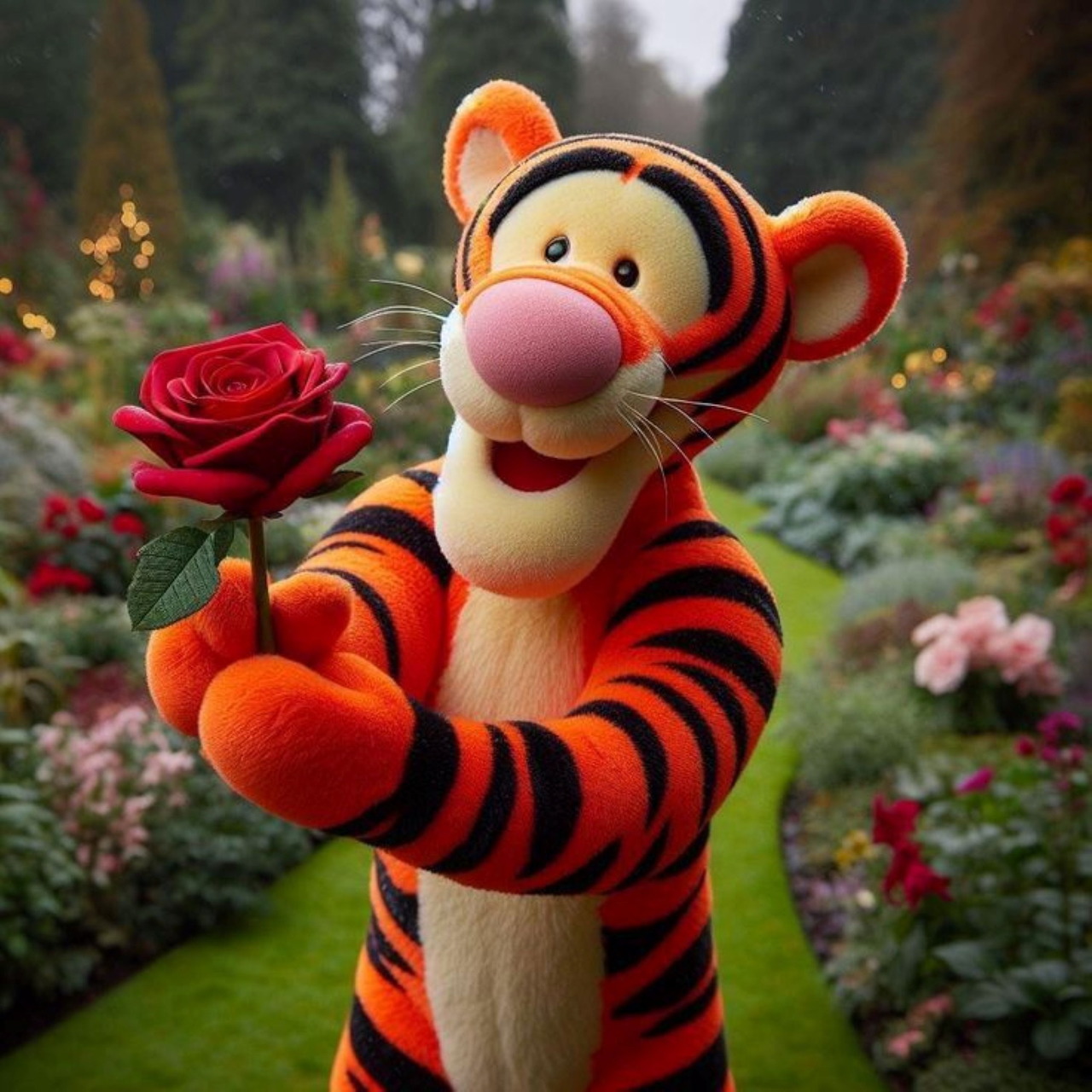 3D render of Tigger holding a red rose in a colorful flower garden