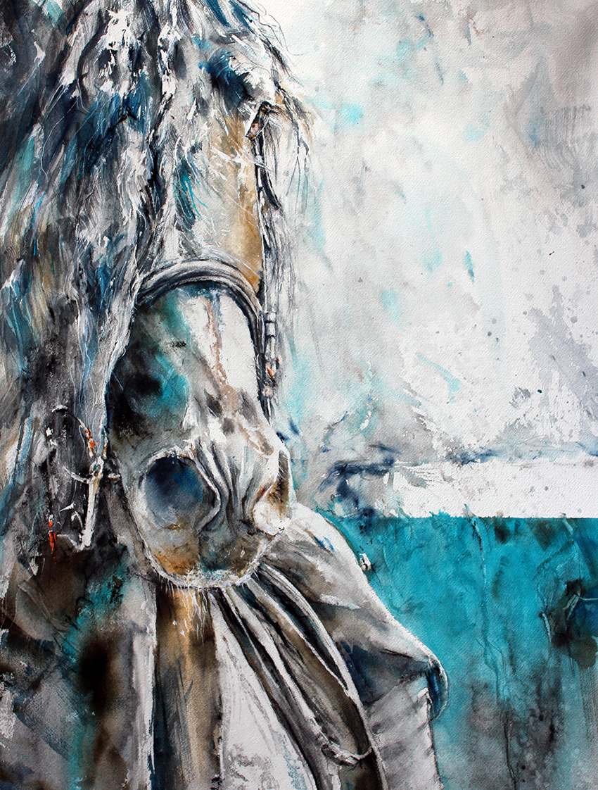Watercolor painting of a grey bridled horse against a teal and white abstract background