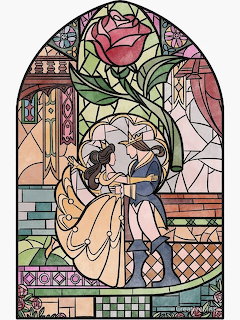 Stained glass style Belle in yellow gown reading under enchanted rose in glass dome