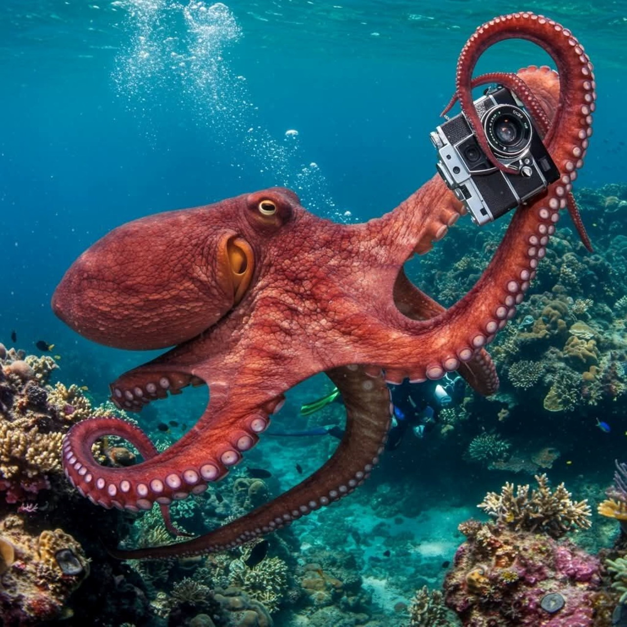 Red octopus holding vintage camera underwater among coral reef