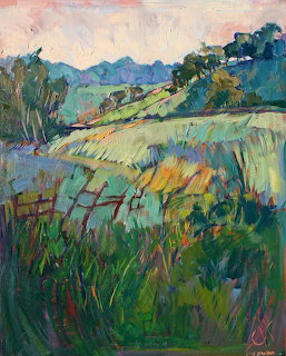 Impressionist landscape painting with green rolling hills, distant blue mountains, and vibrant brushstrokes by Erin Hanson