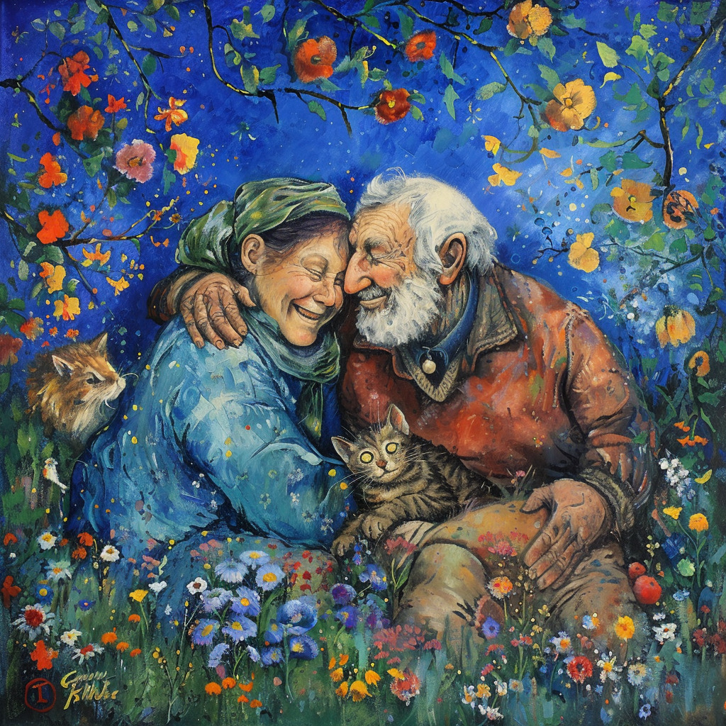 Elderly couple hugging with cat among flowers under night sky painting