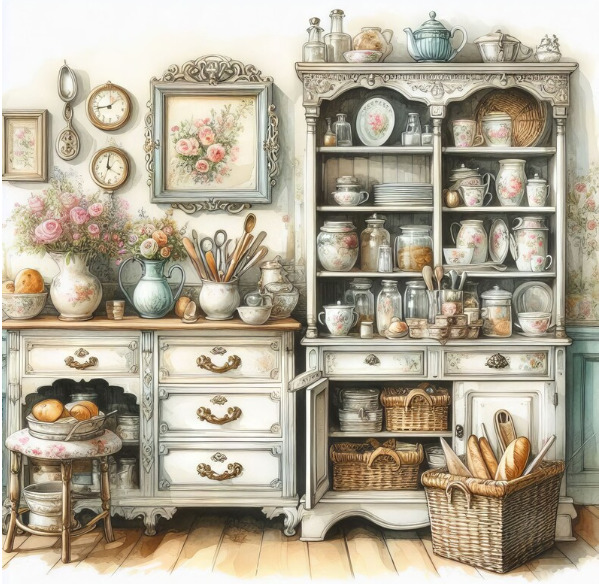 Vintage white cottage kitchen with open shelves, ceramic dishes, pumpkins, and rustic decor