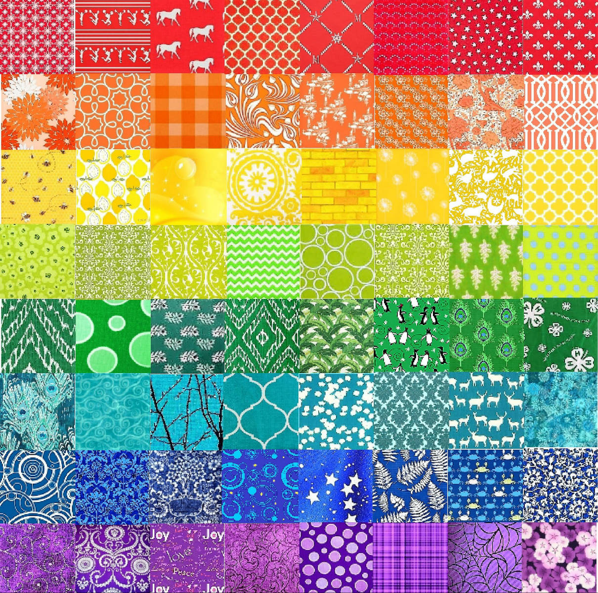 Rainbow-colored patchwork quilt with various geometric patterns arranged in horizontal color bands