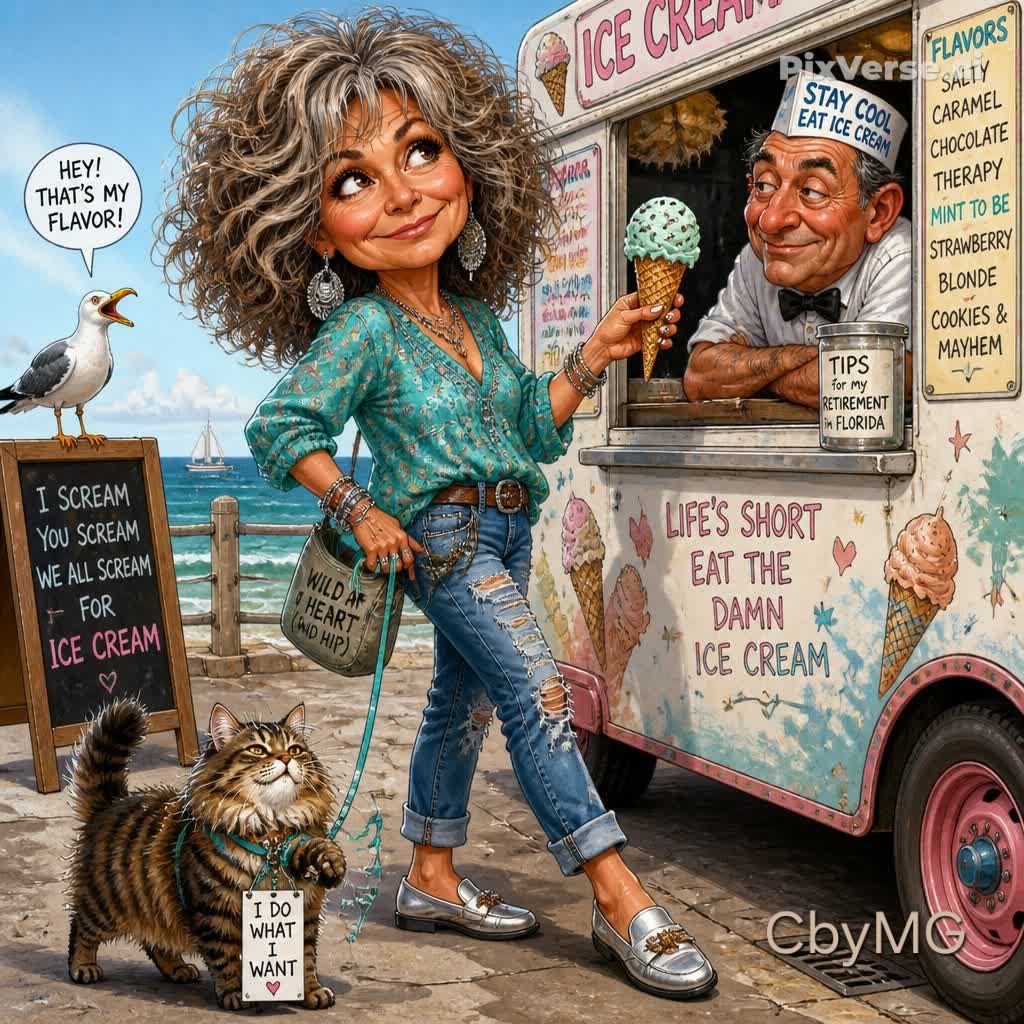Cartoon woman at an ice cream truck by the beach with a cat, seagull, and vendor holding an ice cream cone