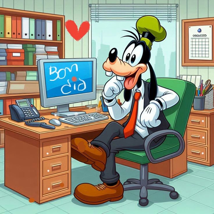 Goofy cartoon character sitting at desk with computer in colorful office
