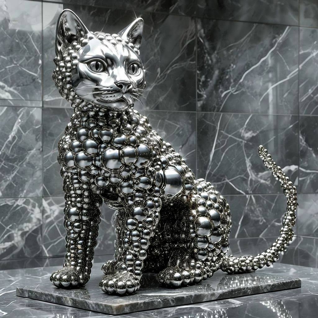 Decorative silver cat sculpture covered in metallic embellishments on marble surface