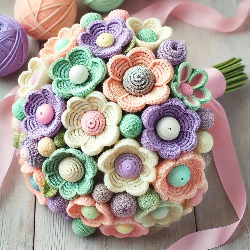 Pastel crocheted flower bouquet tied with pink ribbon on a wooden surface