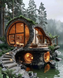 Unusual round stone and wood cabin with large circular windows beside a misty forest lake