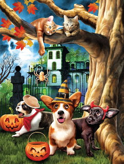 Group of cute dogs and cats with Halloween pumpkins under an autumn tree near a haunted house