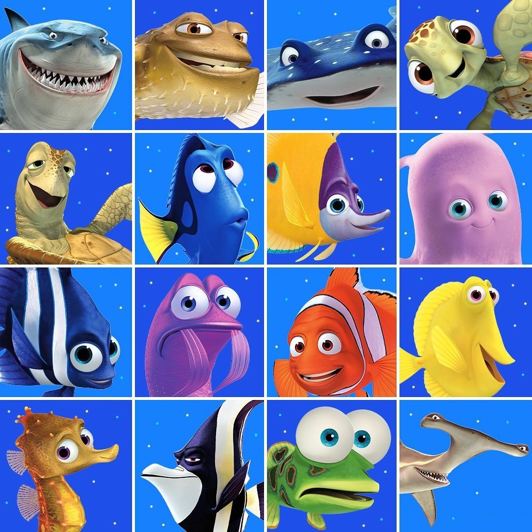 Grid of 16 Finding Nemo animated character portraits on blue backgrounds