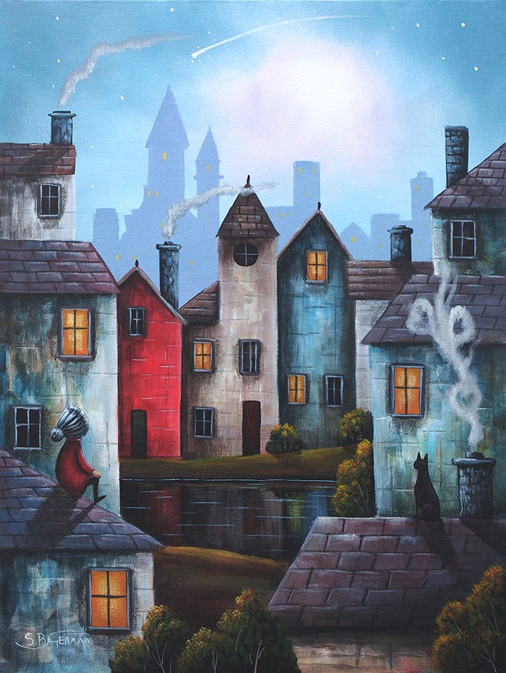 Whimsical painting of colorful village houses with lit windows and smoking chimneys against a misty blue sky