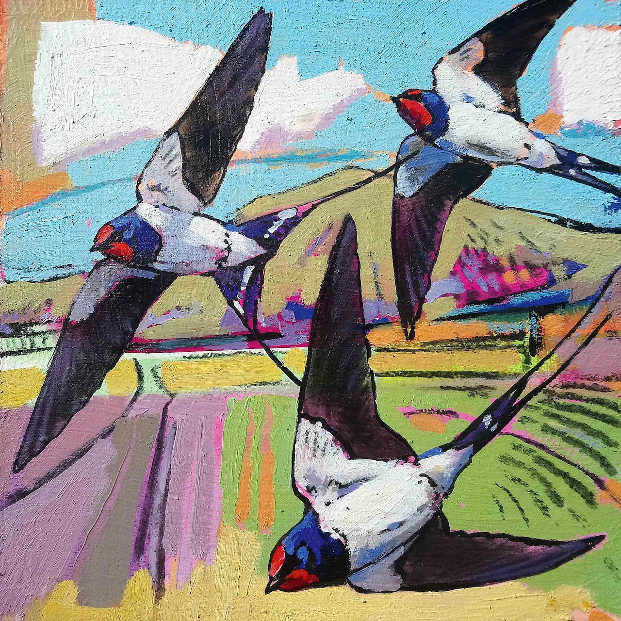 Three swallows flying over colorful patchwork fields in an impressionist painting style