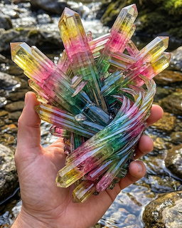 Hand holding multicolored transparent crystal with rainbow gradient points against natural stone backdrop