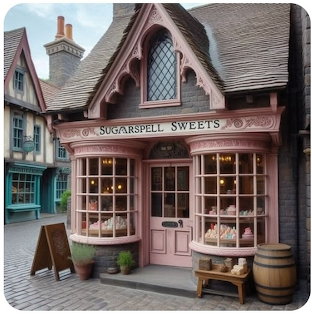 Pink candy store with large display windows and wooden bench in front on cobblestone street