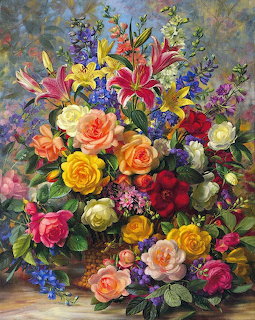 Oil painting of abundant floral bouquet with roses, lilies and mixed flowers in vibrant colors