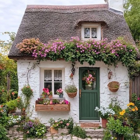 White thatched cottage adorned with pink flowers, green door, and flower boxes