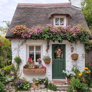 Thatched Cottage with Flowers