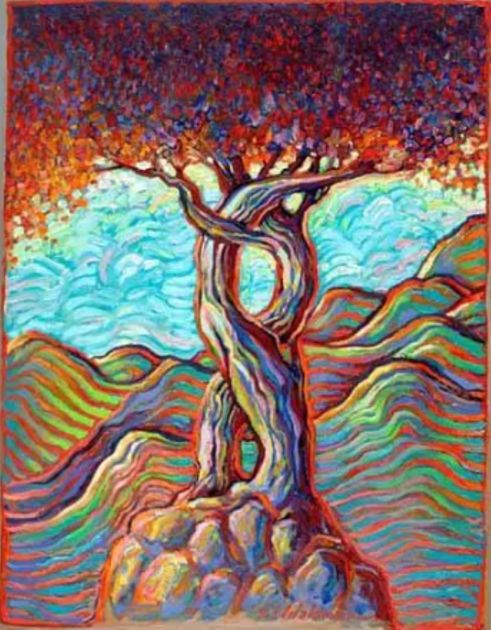 Colorful painting of two intertwined trees with twistedrunks against hills and swirling sky
