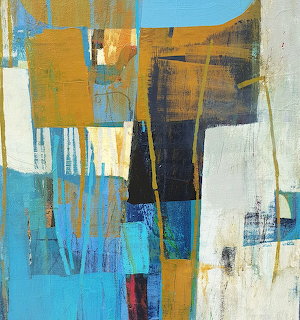 Abstract painting with overlapping geometric shapes in turquoise, gold, navy and cream tones with visible brushwork