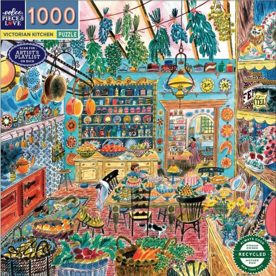 Colorful illustration of a Victorian kitchen interior with hanging herbs, shelves, flowers, and tables