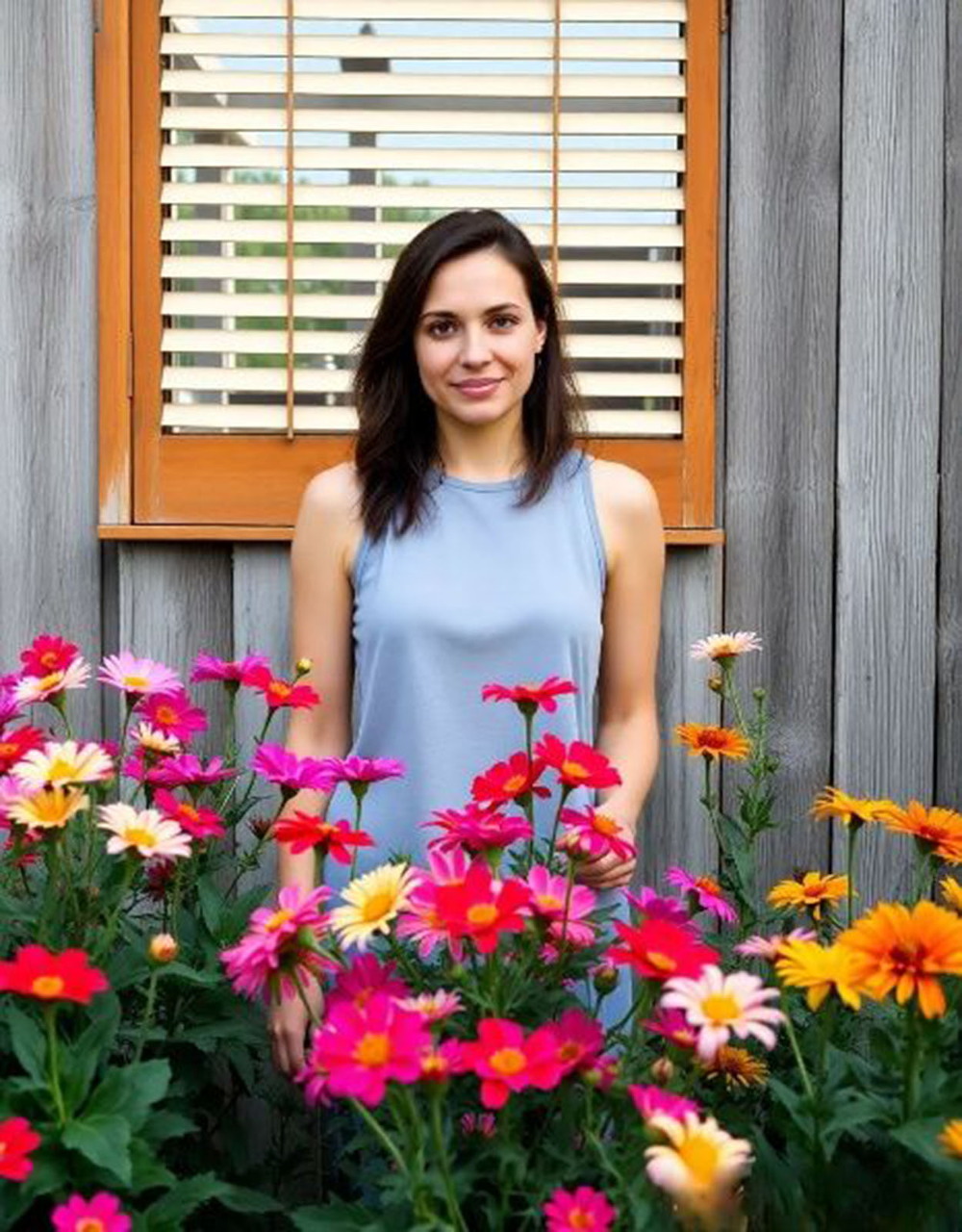 Young woman in blue dress standing among colorful spring flowers in front of a wooden fence