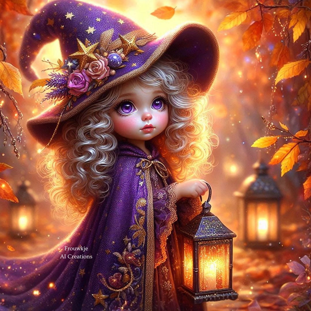 Illustration of a young girl in a witch hat holding a lantern among autumn leaves
