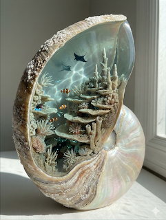 Iridescent seashell with a detailed underwater coral and fish scene inside