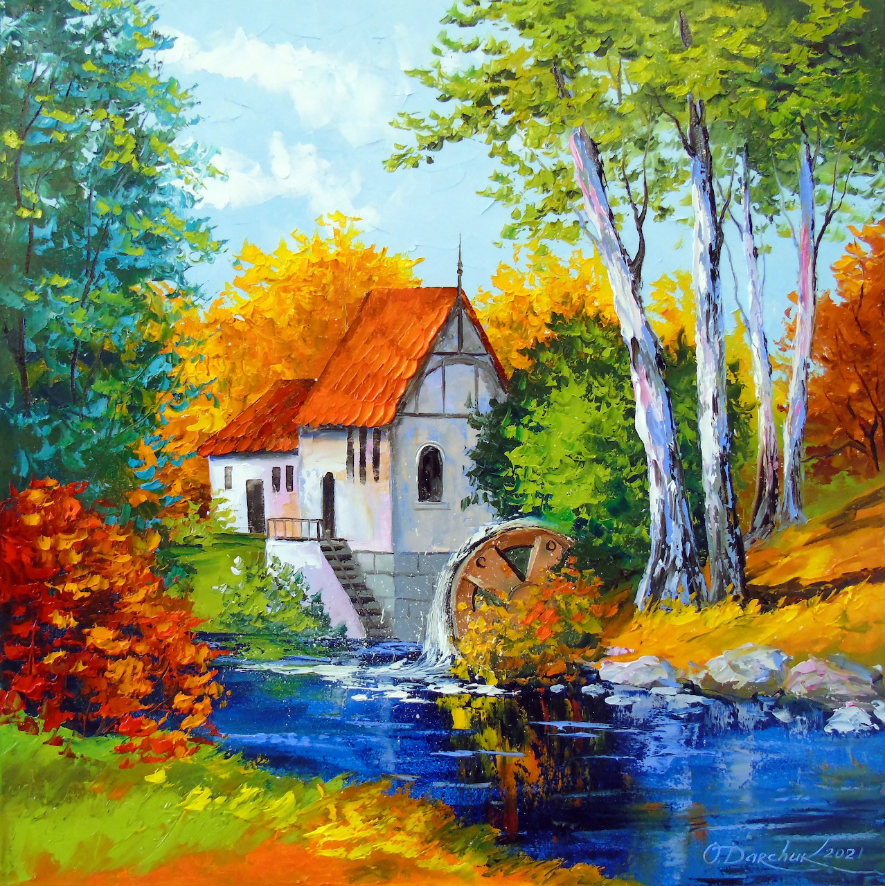 Impressionist painting of a watermill by a river surrounded by autumn trees in vivid colors