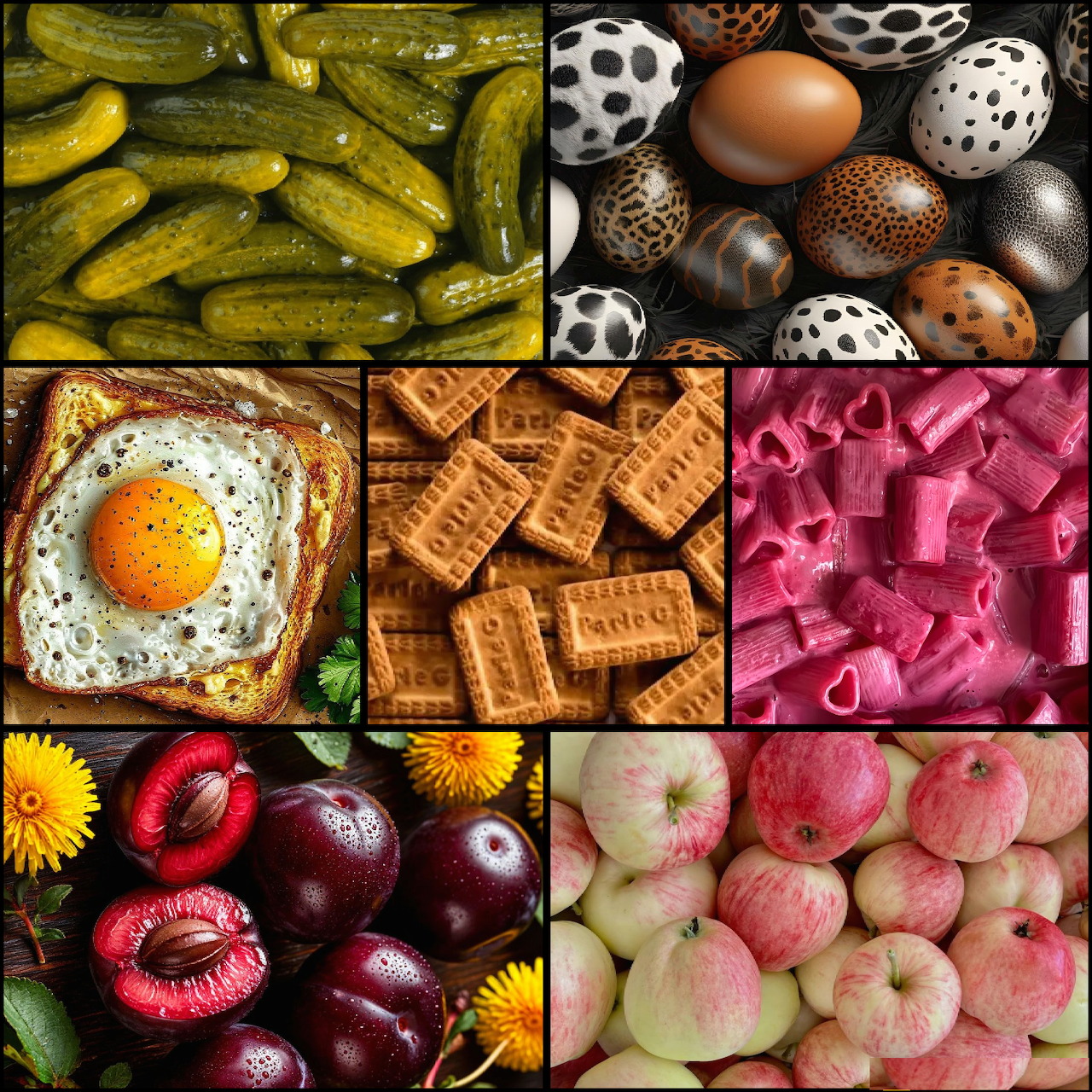 Collage of various foods including pickles, eggs, toast with fried egg, waffles, dragon fruit, plums, and apples