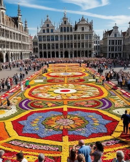 Elaborate flower carpet with geometric floral patterns at Brussels Grand Place surrounded by historic buildings