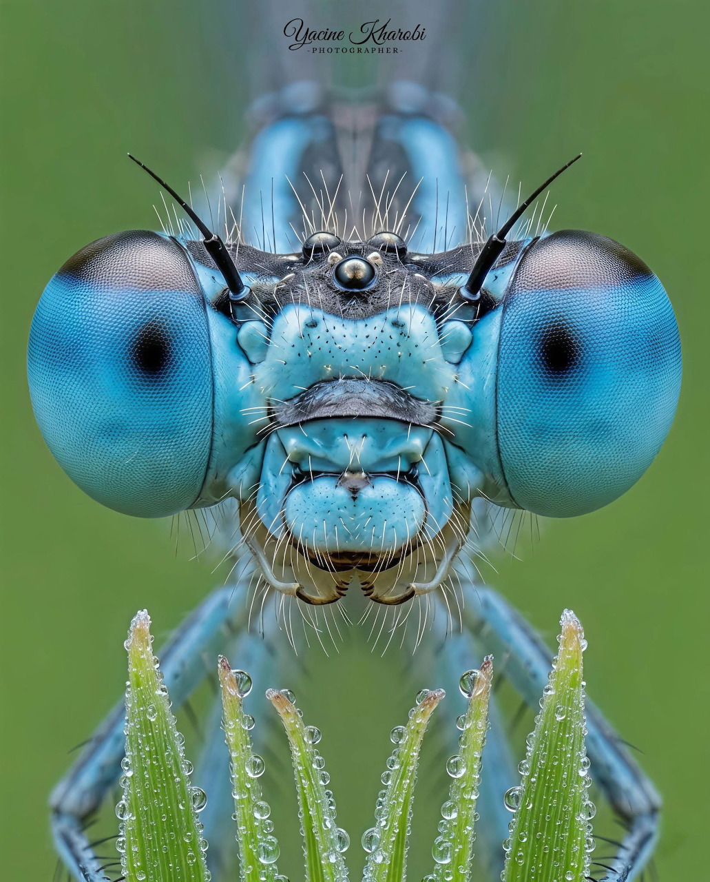 Macro close-up of a blue damselfly face with large eyes and dew-covered grass