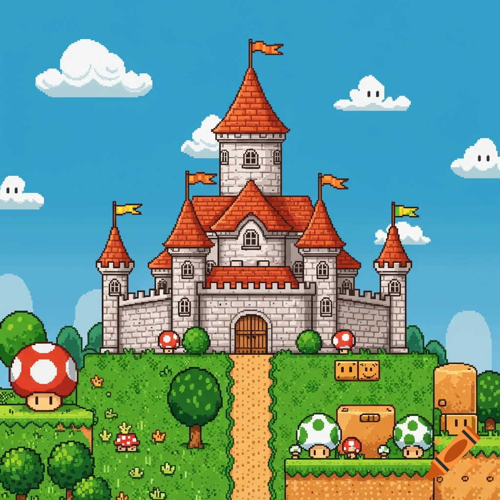 Pixel art castle with Mario game elements including mushrooms, pipes, and coins in a colorful landscape