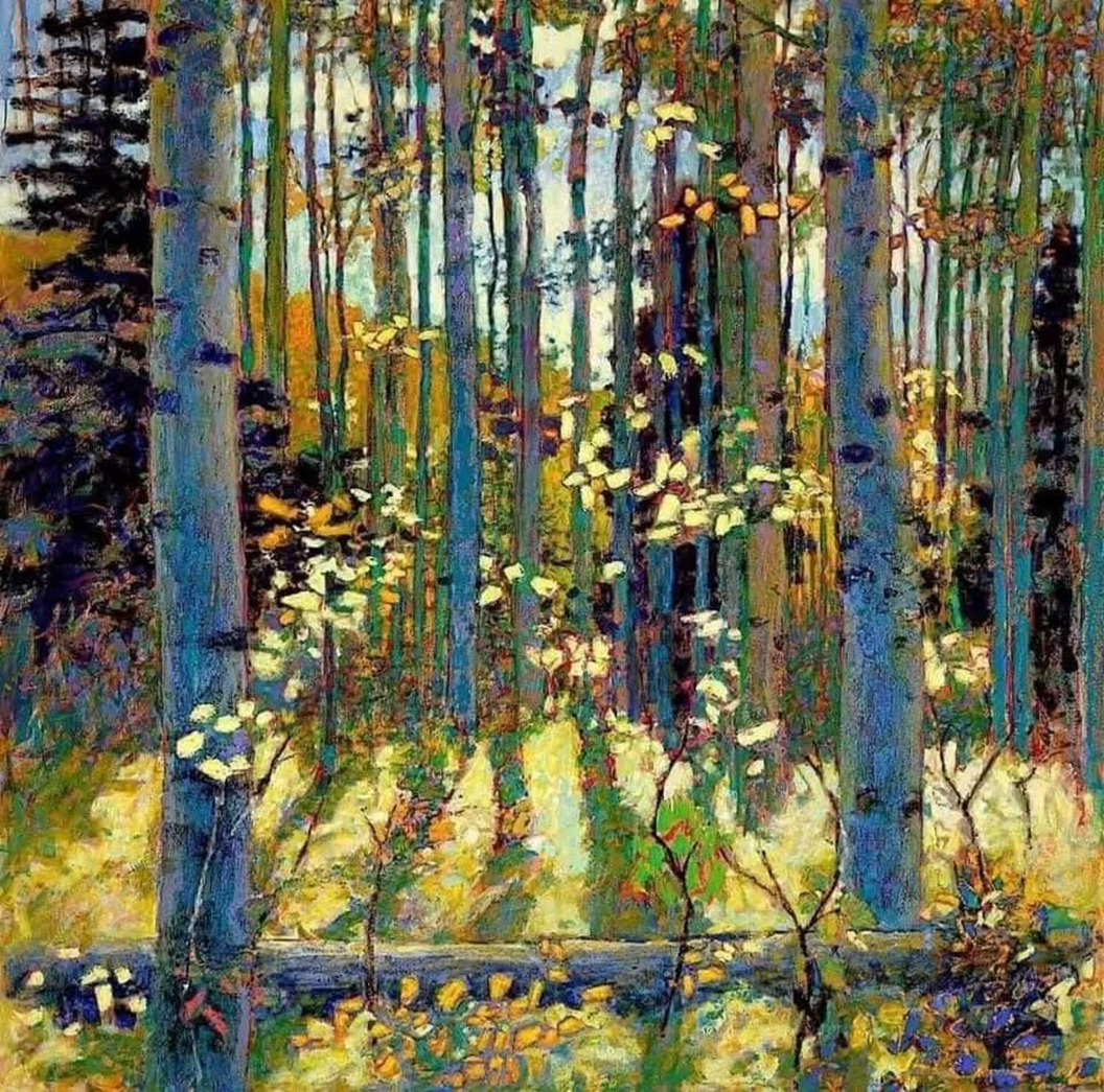 Painting of a sunlit forest with tall trees, colorful foliage, and long shadows