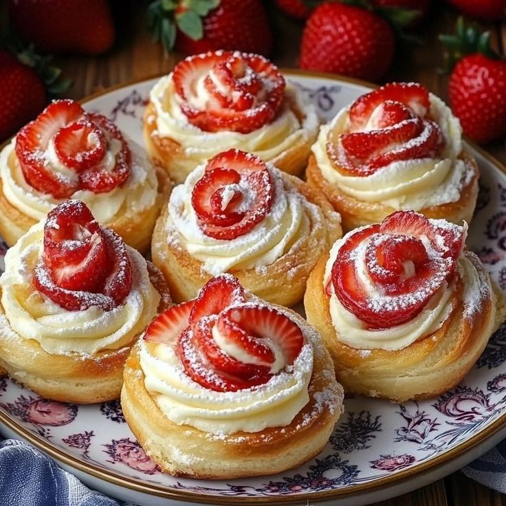 Puff pastry roses with sliced strawberries and cream on floral plate