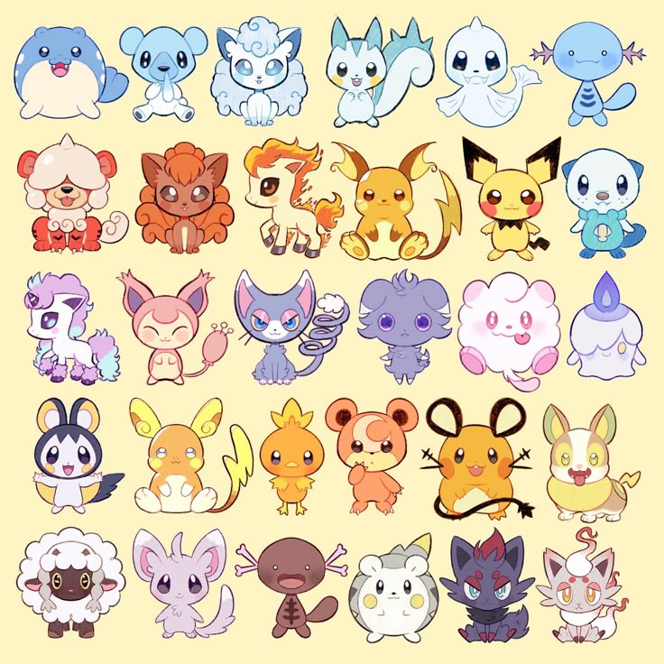 Grid of 36 cute cartoon Pokemon characters in chibi style on yellow background