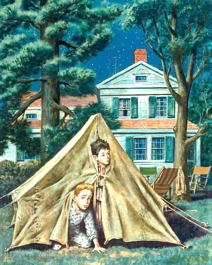 Boy standing in yellow tent in backyard with white house and green trees, vintage painting style